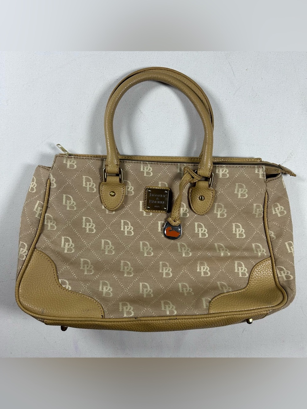 Dooney & Bourke Beige Brown Signature Monogram Canvas Leather Tote Handbag Duck